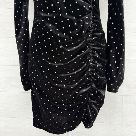 Betsey Johnson Black Velvet Dress M Power Sleeve Metallic Silver Dot Whimsigoth - Picture 4 of 16